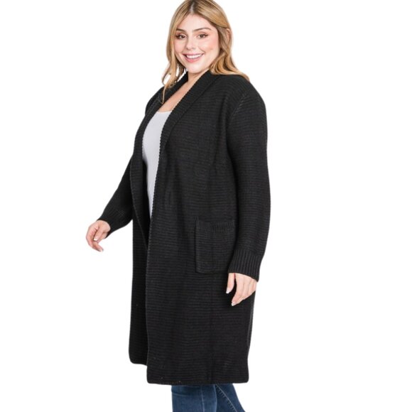 Heavy Knit Long Open Cardigan with Pockets in Black - Picture 4 of 5